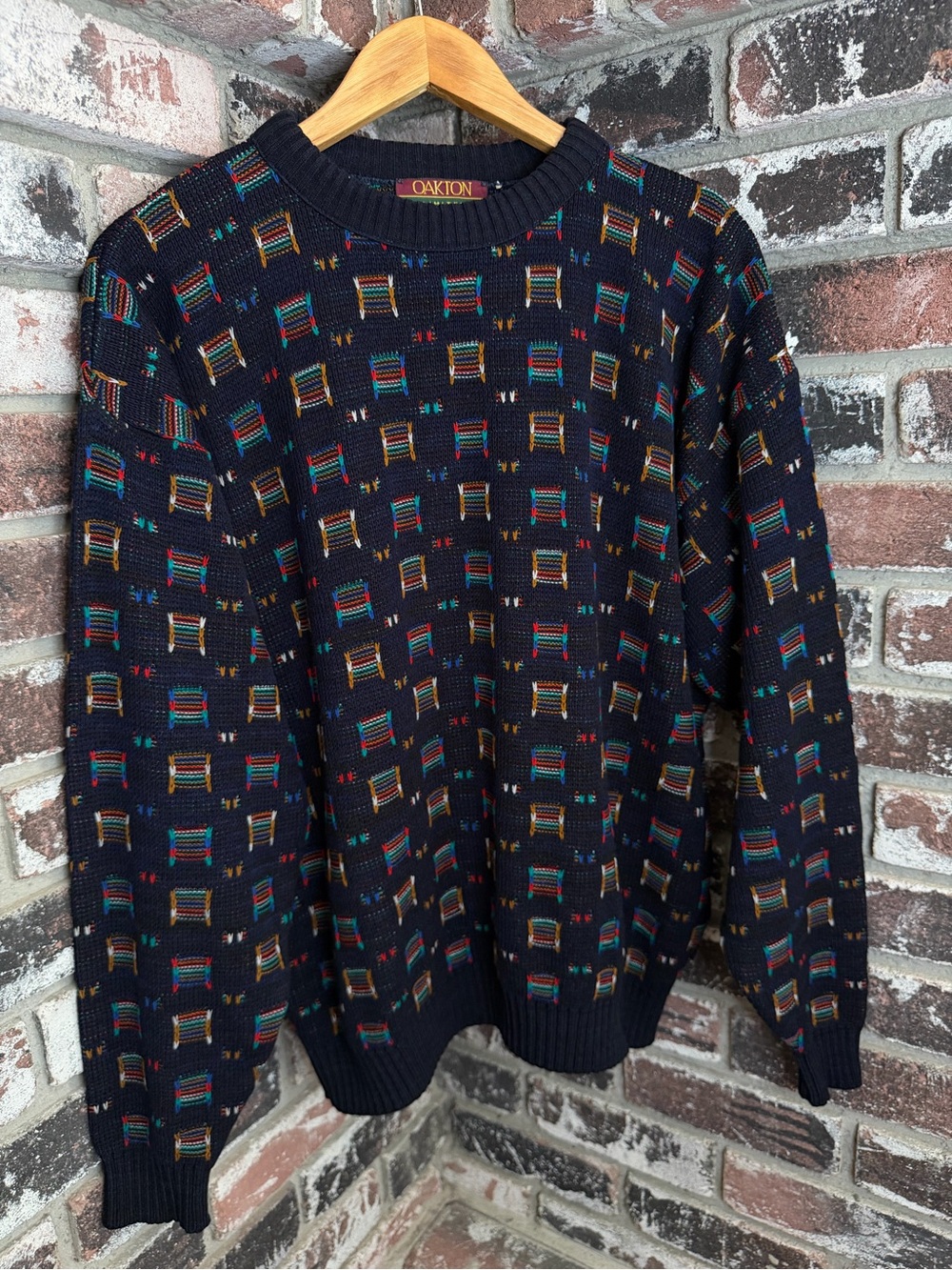 Oakton Vintage Geometric Thick Knit Sweater Crewneck Abstract Colorful Navy